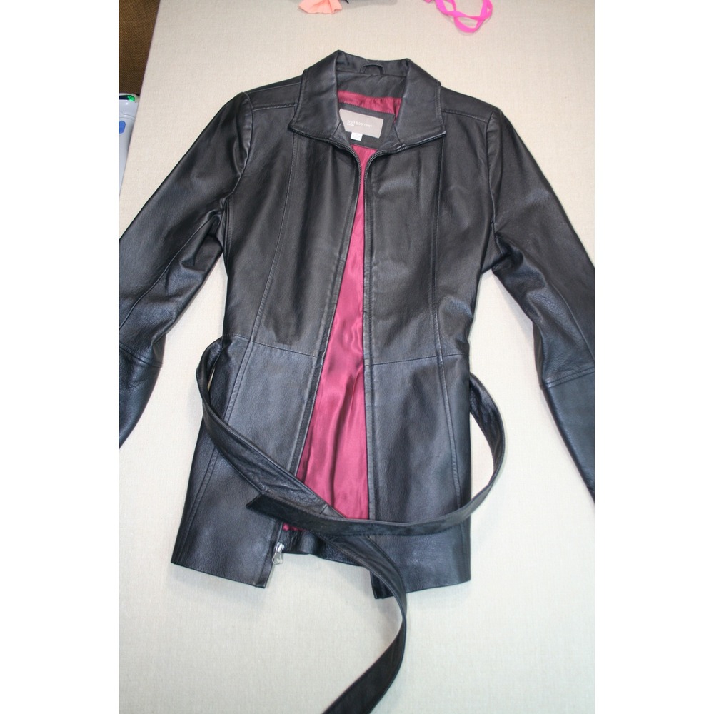 Croft & Barrow Womens Black Leather Belted Zip Front Jacket Burgundy Lining S